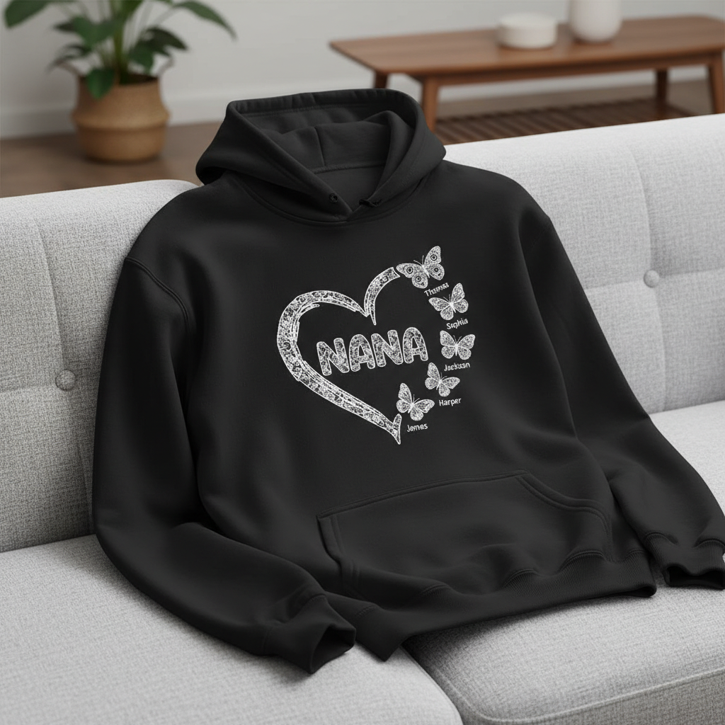 Grandma Lace Pattern Butterflies Heart - Personalized Hoodie - Gift For Grandma, Mom