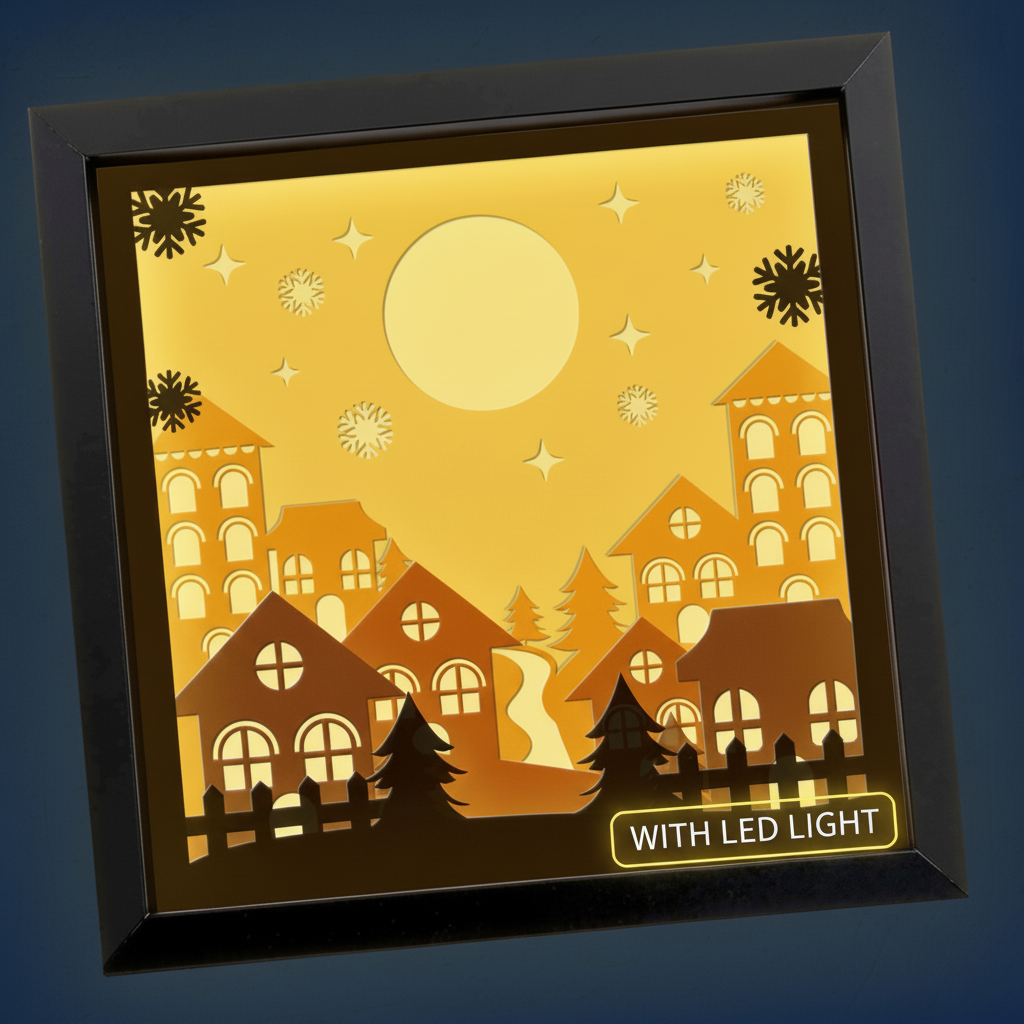 3D Layered Papercut Christmas Town Framed Picture – Personalized Holiday Décor Design for Christmas Gifts