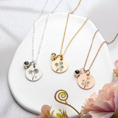 Birth Flowers Bouquet Charm Necklace with Hidden Picture