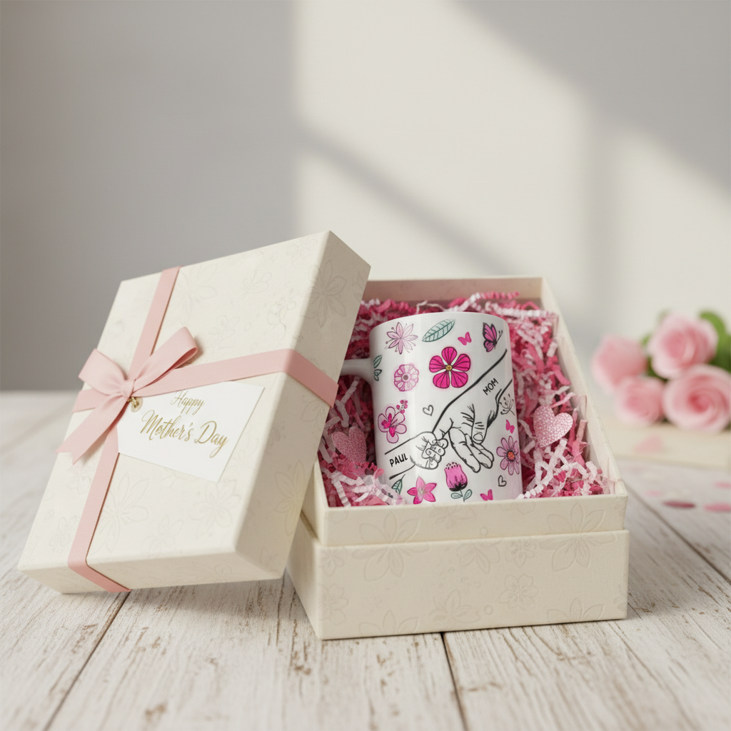 [3D printing effect] Personalized Mom Mug - Holding Hands with Pink Flowers