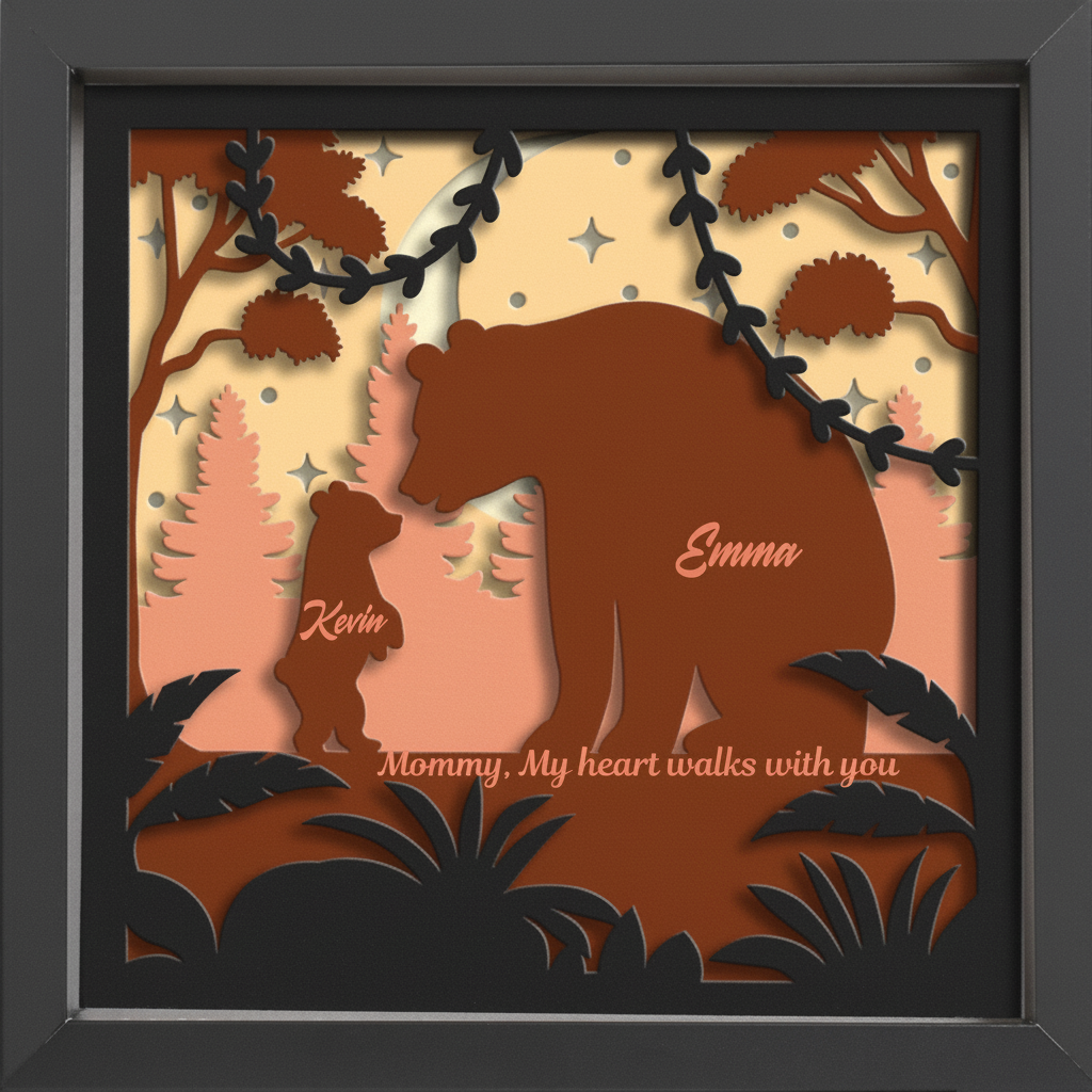 3D Layered Mama Bear Papercut Framed Picture - Perfect Home Décor & Gift for Mom and Kids