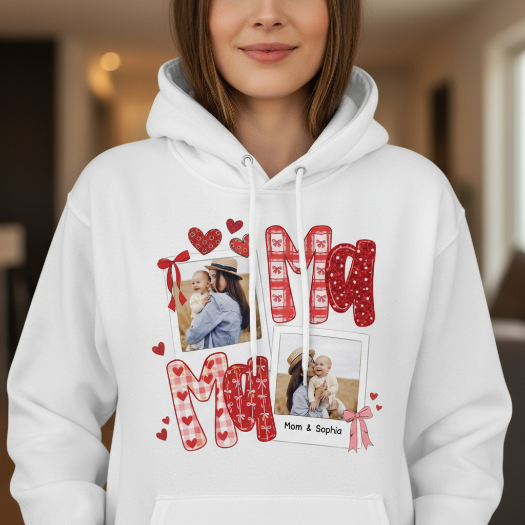 Preppy Mama Valentine Glitter Effect Photo - Personalized Hoodie - Heartfelt Gift for Mom