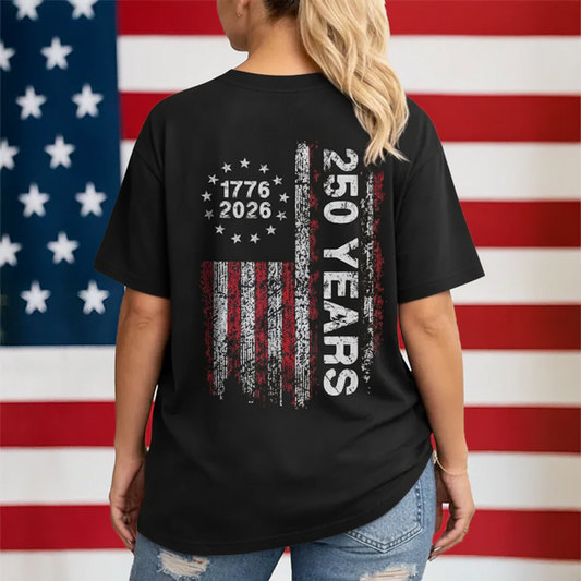 America 250th Birthday US Flag 250 Years We The People Back Side Dark Woman Tee