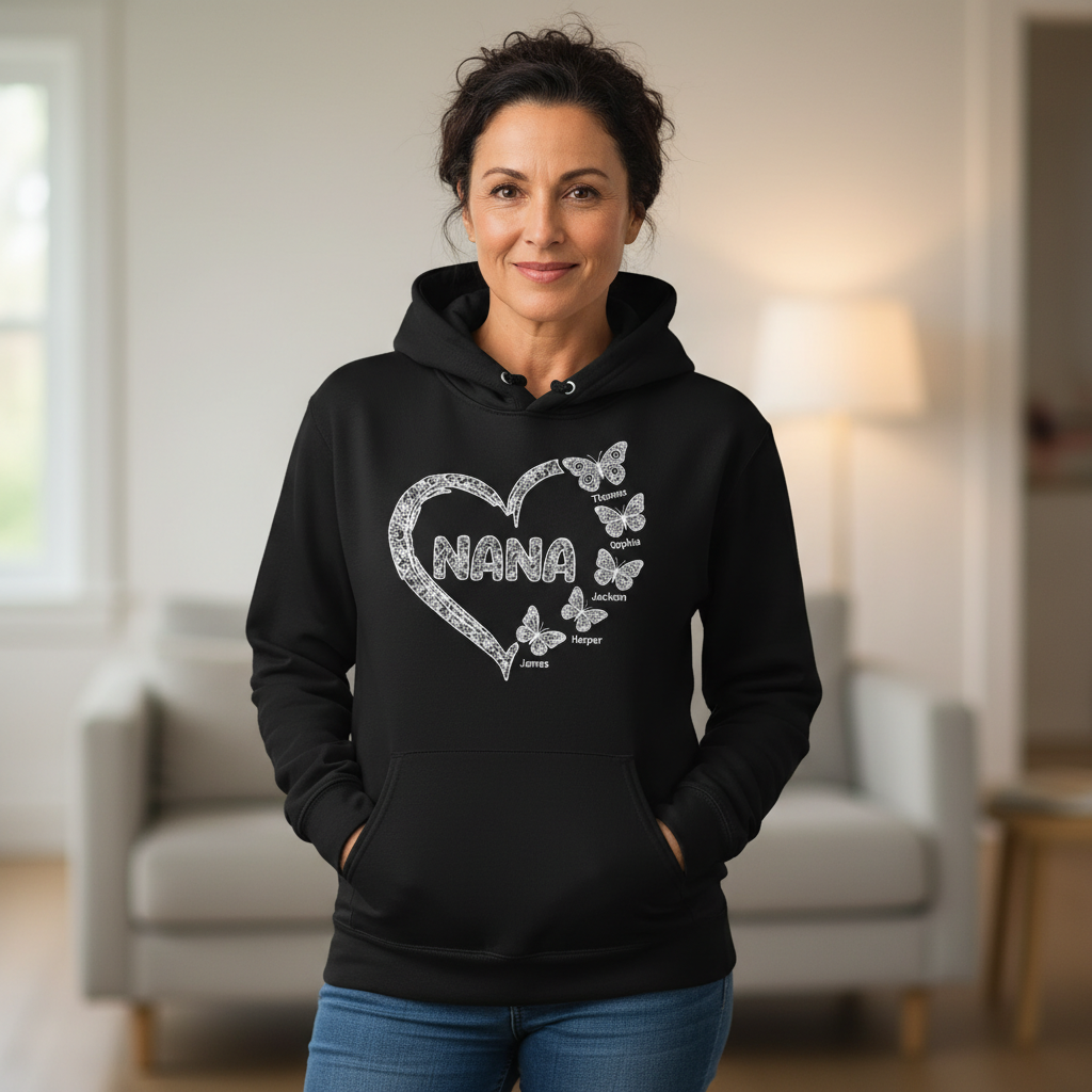 Grandma Lace Pattern Butterflies Heart - Personalized Hoodie - Gift For Grandma, Mom