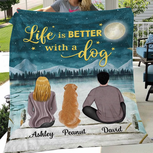 Couple And Dog Under Moonlight Personalized Fleece Blanket - Gift For Couples
