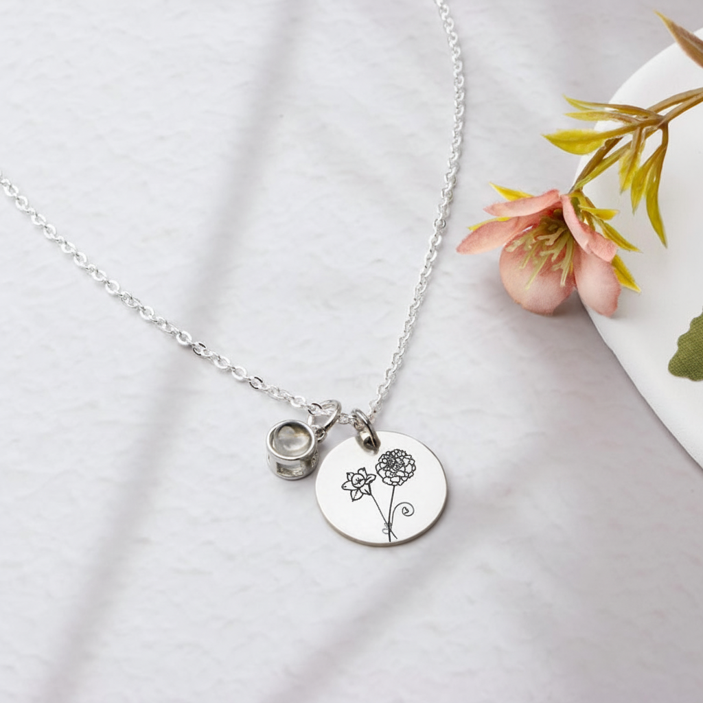 Birth Flowers Bouquet Charm Necklace with Hidden Picture
