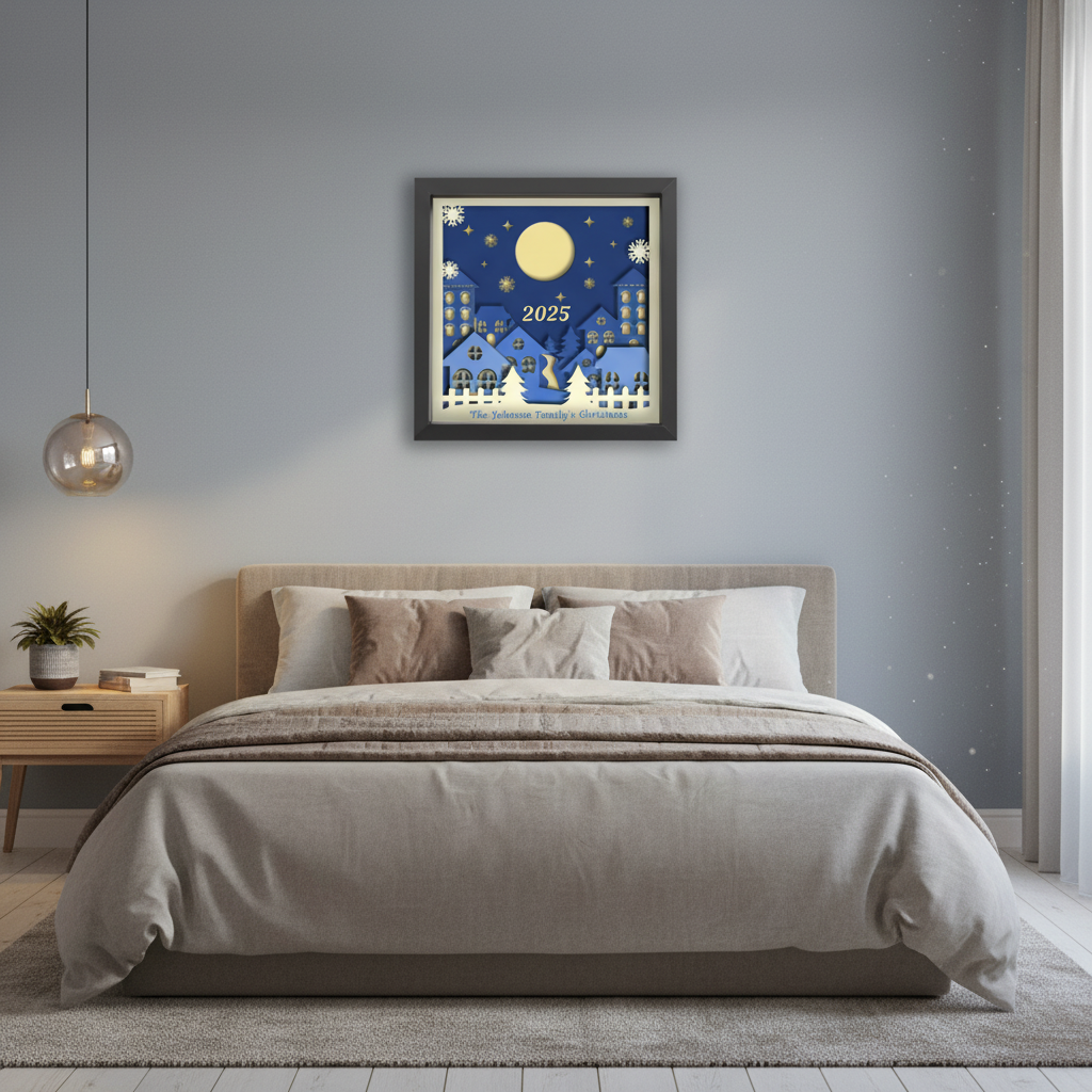 3D Layered Papercut Christmas Town Framed Picture – Personalized Holiday Décor Design for Christmas Gifts