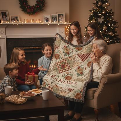 Custom Name Retro Florals Woven Blanket – Personalized Gift for Mom, Grandma