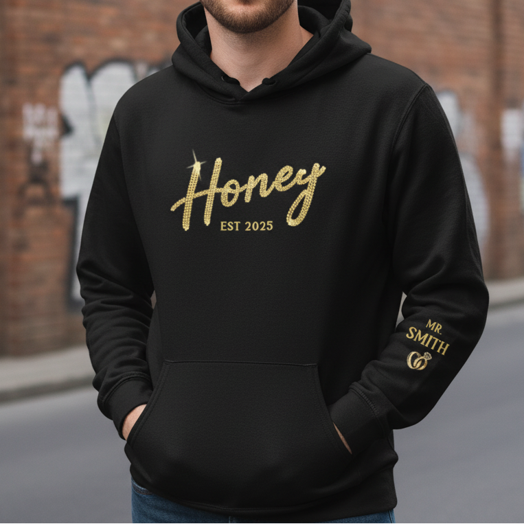 Custom Unisex Hoodie With Design On Sleeve - Personalized Anniversary Wedding Gifts For Husband And Wife