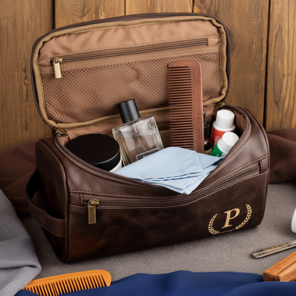 Laser Engraved Personalized Classic Initial Leather Toiletry Bag - Perfect Gift for Dad or Husband