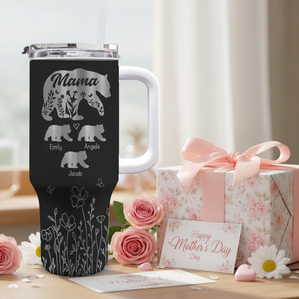 Mama Bear - Family Personalized Custom 40 Oz Stainless Steel Tumbler With Handle - Mother's Day, Gift For Mom, Grandma