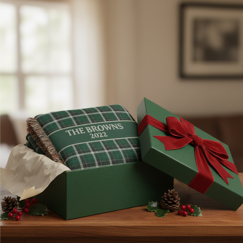 Green Plaid Custom Name & Year Blanket for Couple/Family – Personalized Wedding & Anniversary Gift