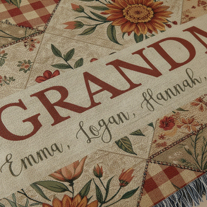 Custom Name Retro Florals Woven Blanket – Personalized Gift for Mom, Grandma