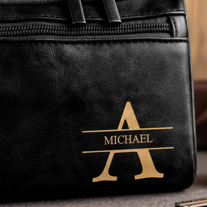 Laser Engraved Personalized Classic Initial Leather Toiletry Bag - Perfect Gift for Dad or Husband