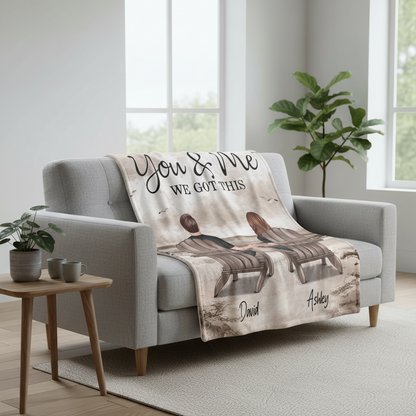 Retro Vintage Back View Couple Sitting Beach Landscape Personalized Fleece Blanket - Romantic Gift For Couples
