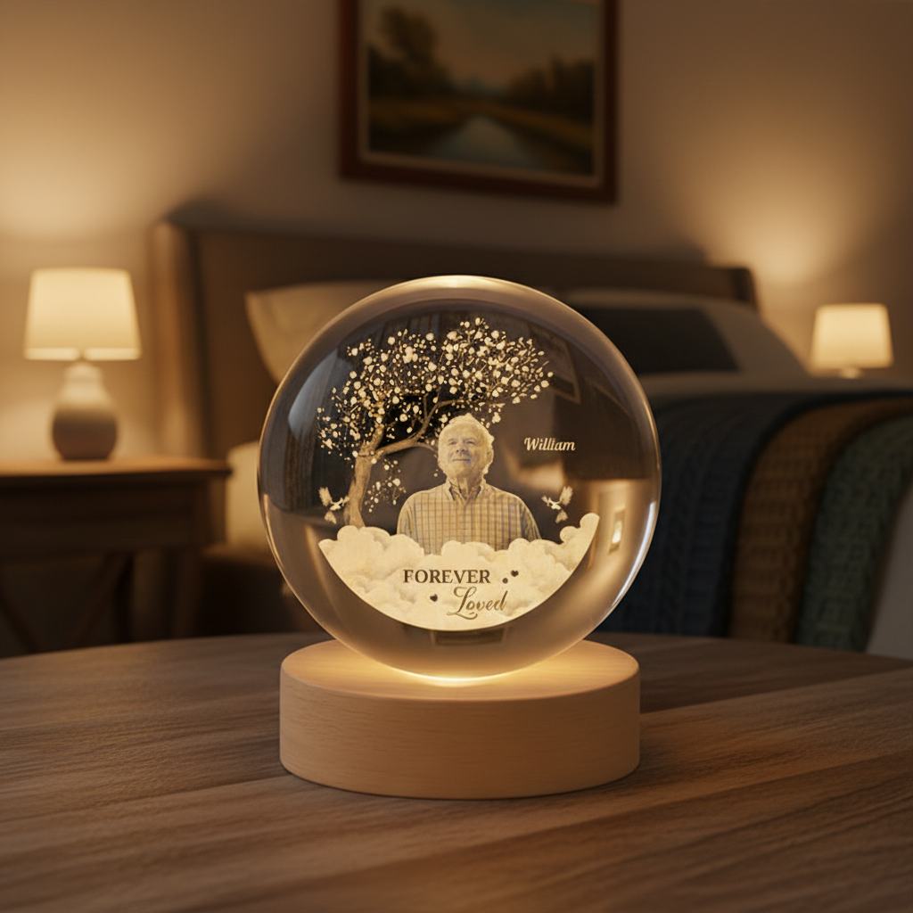 Personalised Memorial Crystal Ball Lamp for Loss of Dad with Photo