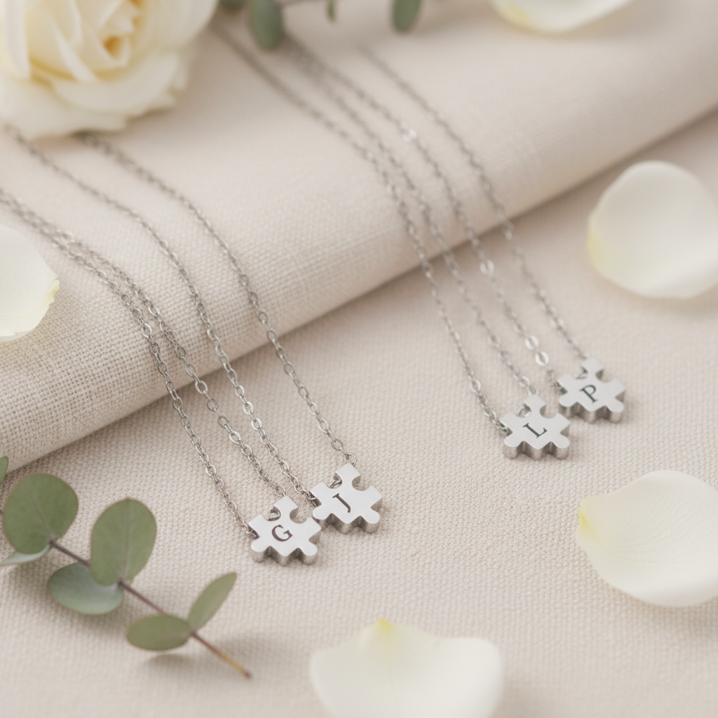 Custom Initial Puzzle Necklace - Personalized Stainless Steel Pendant Gift For Couples
