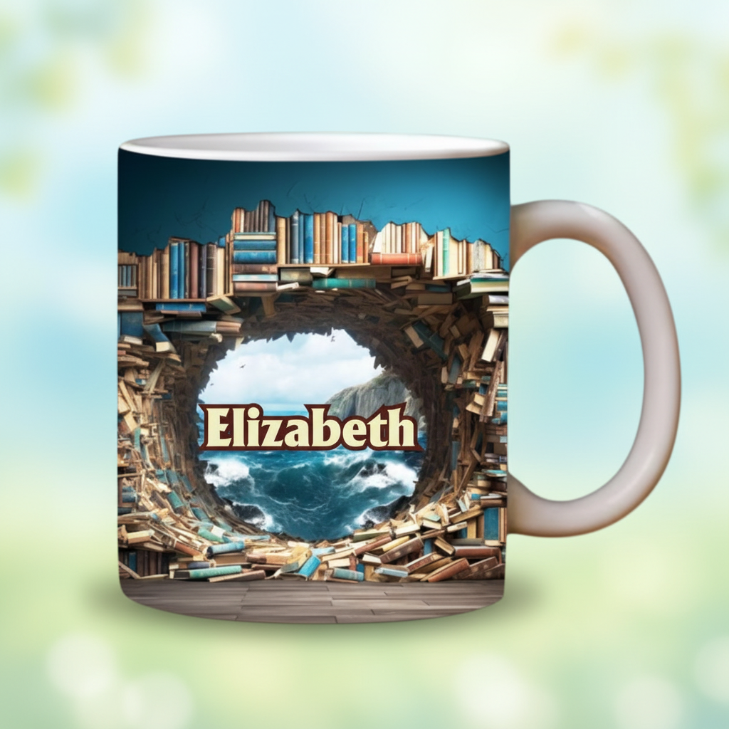 Custom Name Ocean Book Tunnel Ceramic Mug - Personalized Perfect Gift for Readers, Book Lovers