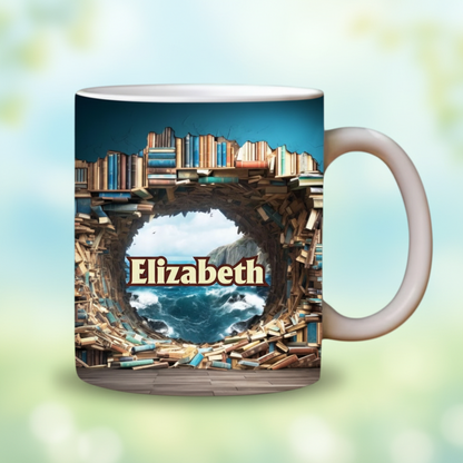Custom Name Ocean Book Tunnel Ceramic Mug - Personalized Perfect Gift for Readers, Book Lovers