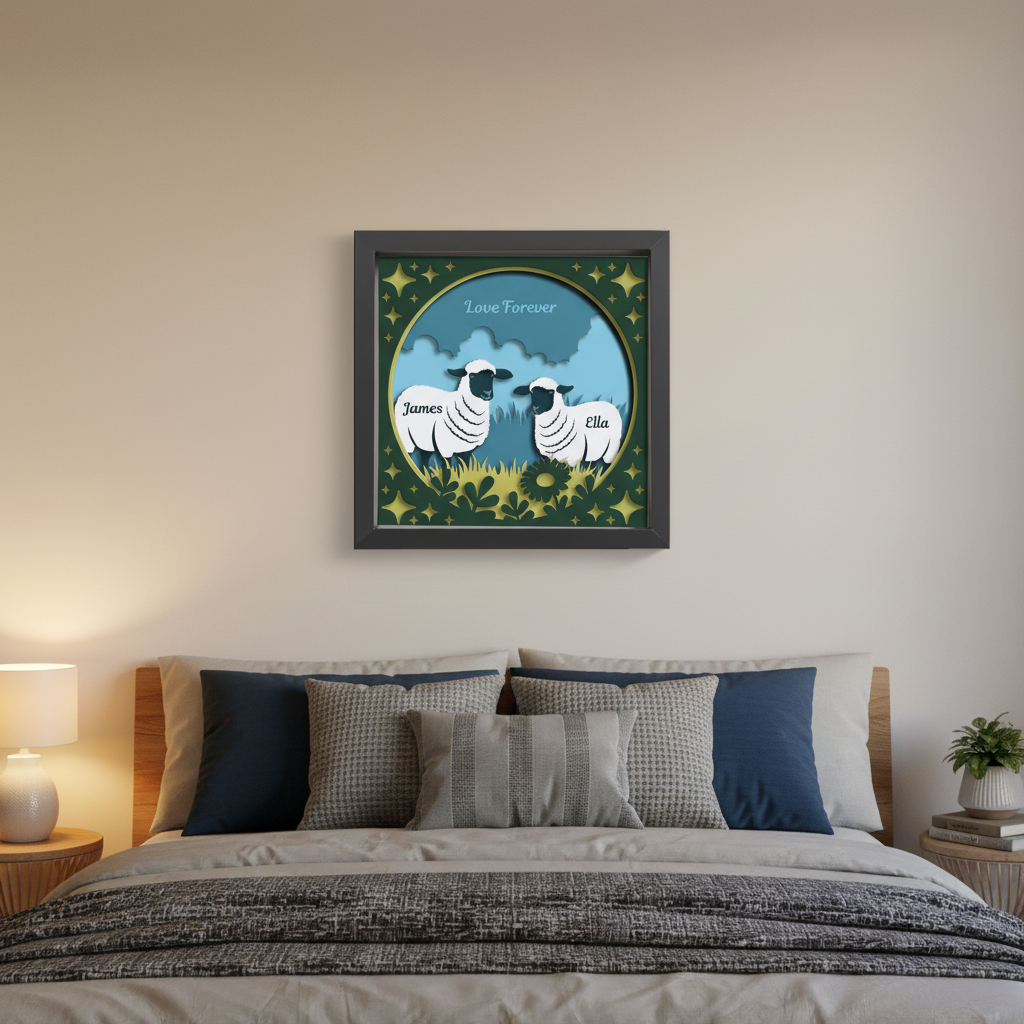 3D Layered Papercut Sheep Meadow Framed Picture - Perfect Gift for Couples