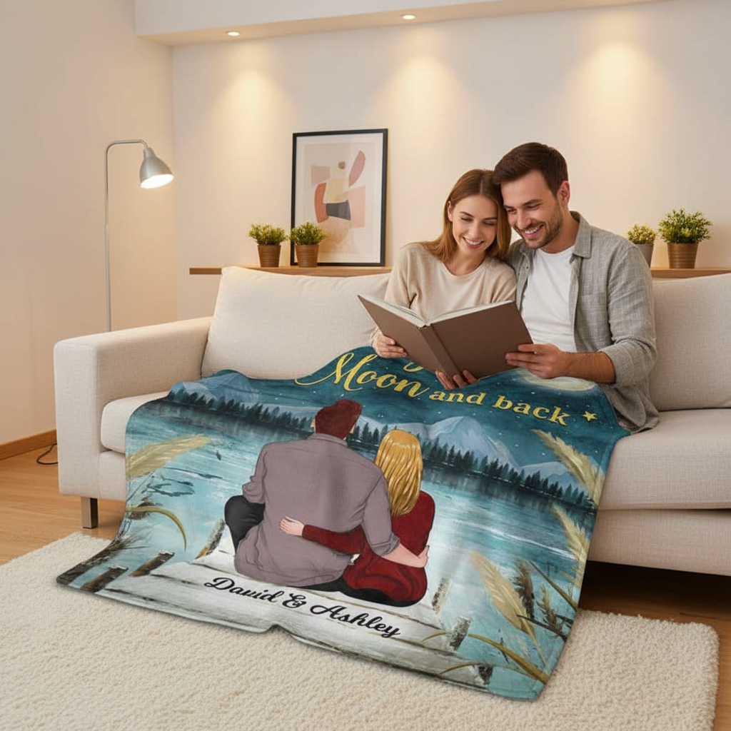 Couple Love You To The Moon And Back Personalized Fleece Blanket - Romantic Gift For Couples