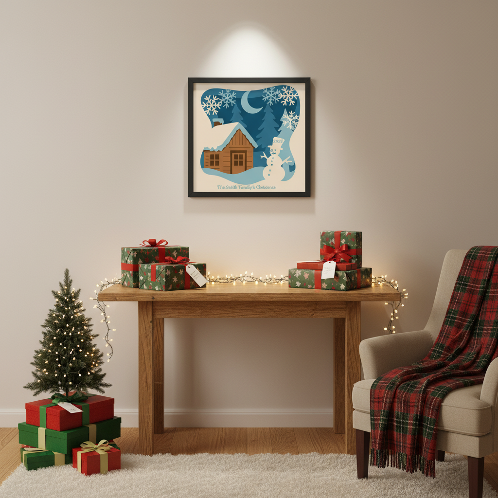 3D Winter Cabin Papercut Frame Picture with Snowman – Perfect Christmas Gift, Holiday Home Décor