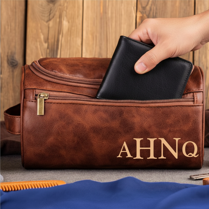 Luxury Leather Toiletry Bag with Laser Engraved Initial - Premium Personalized Gift For Dad, Husband