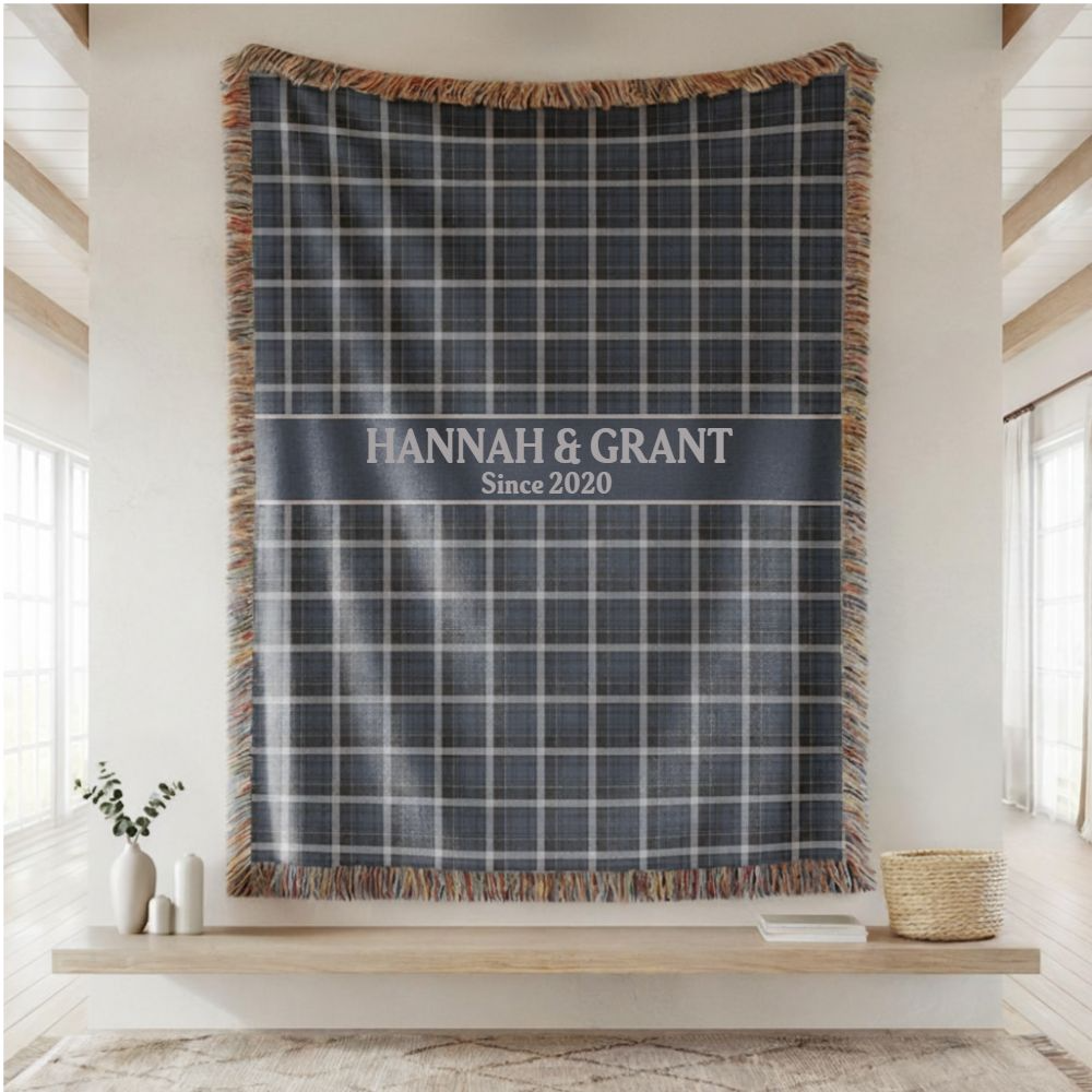 Navy Plaid Custom Name & Year Blanket for Couple/Family – Personalized Wedding & Anniversary Gift