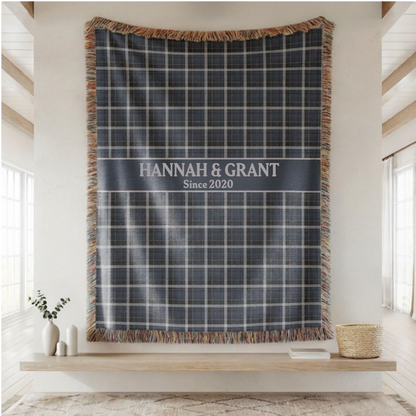 Navy Plaid Custom Name & Year Blanket for Couple/Family – Personalized Wedding & Anniversary Gift