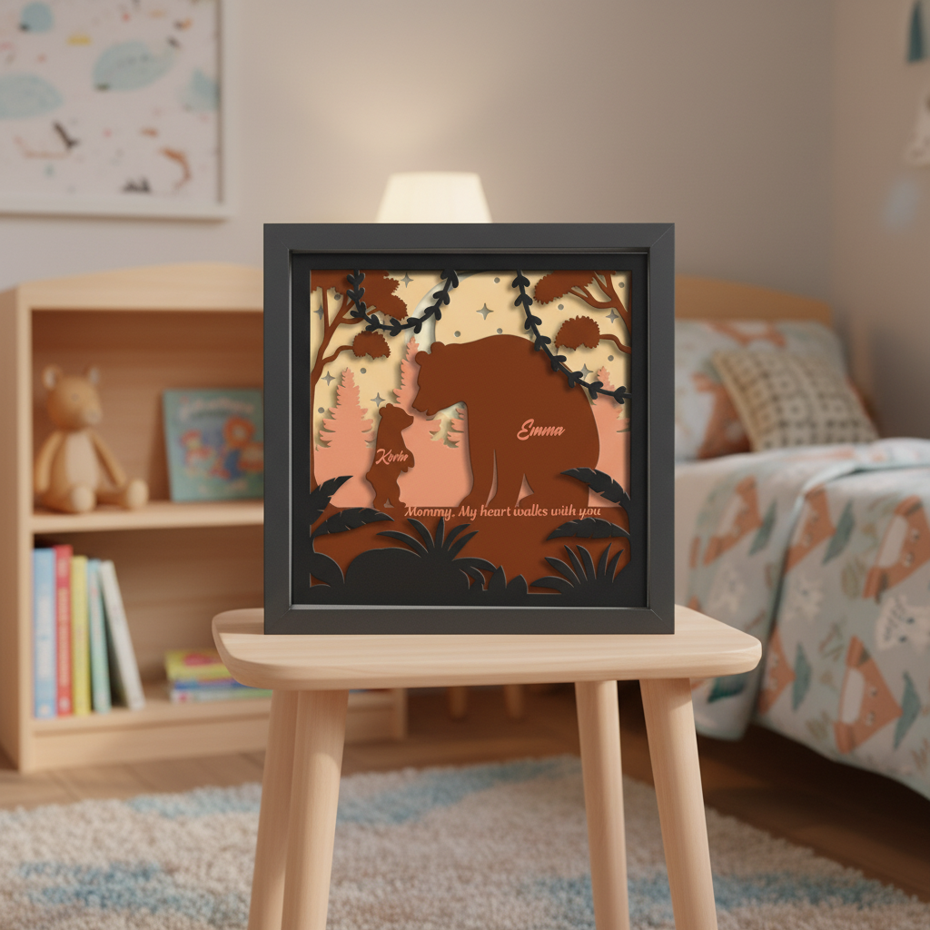 3D Layered Mama Bear Papercut Framed Picture - Perfect Home Décor & Gift for Mom and Kids