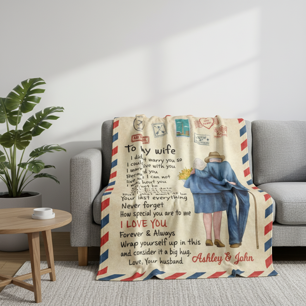 To My Wife I Love You Old Couple Letter Style Personalized Fleece Blanket - Romantic Gift For Couples