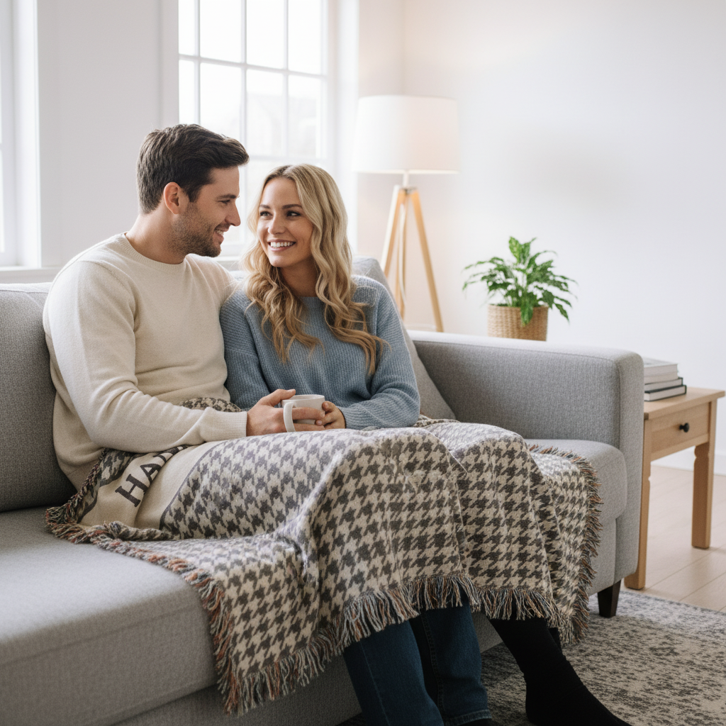 Taupe Houndstooth Plaid Custom Name & Year Blanket for Couple/Family – Personalized Wedding & Anniversary Gift
