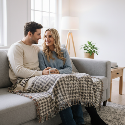 Taupe Houndstooth Plaid Custom Name & Year Blanket for Couple/Family – Personalized Wedding & Anniversary Gift