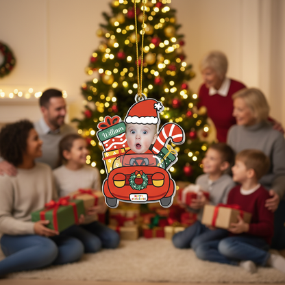 Custom Baby Santa Car Acrylic Photo Ornament – Personalized Christmas Ornament for Babies, Kids & Newborns – Cute Holiday Family Gift