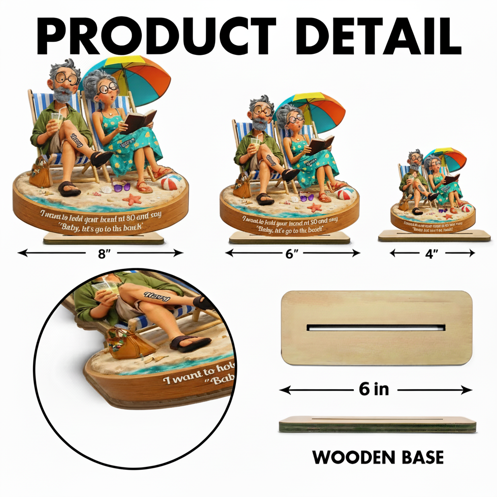 Quirky Elderly Couple On The Beach - Personalized 2-Layered Wooden Plaque - Heartfelt Anniversary, Valentine's Day Gift, Gift For Him, Gift For Her