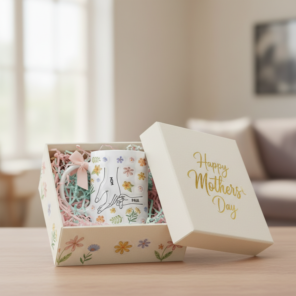 Personalized Grandma Mug 3D Effect - Grandchildren Holding Grandma's Hand With Flowers