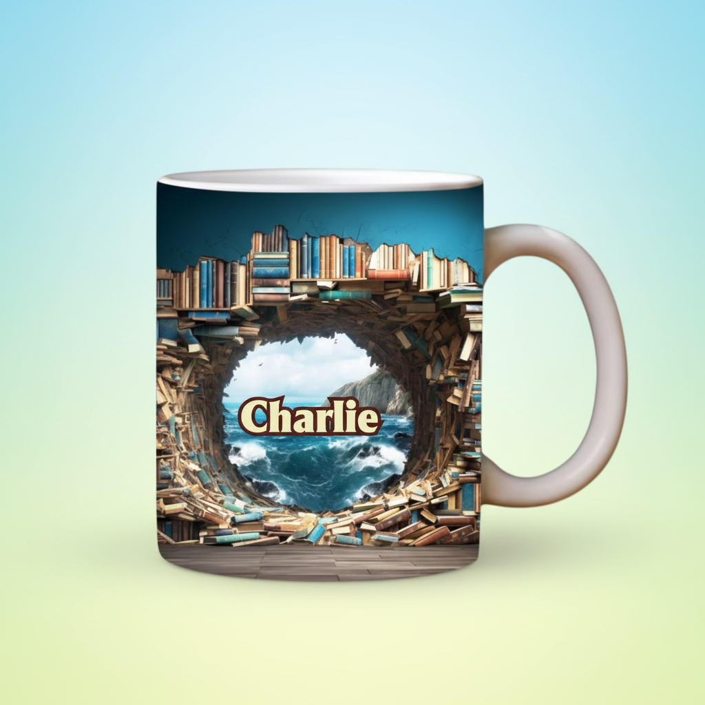 Custom Name Ocean Book Tunnel Ceramic Mug - Personalized Perfect Gift for Readers, Book Lovers