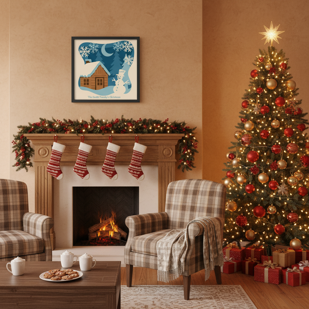 3D Winter Cabin Papercut Frame Picture with Snowman – Perfect Christmas Gift, Holiday Home Décor