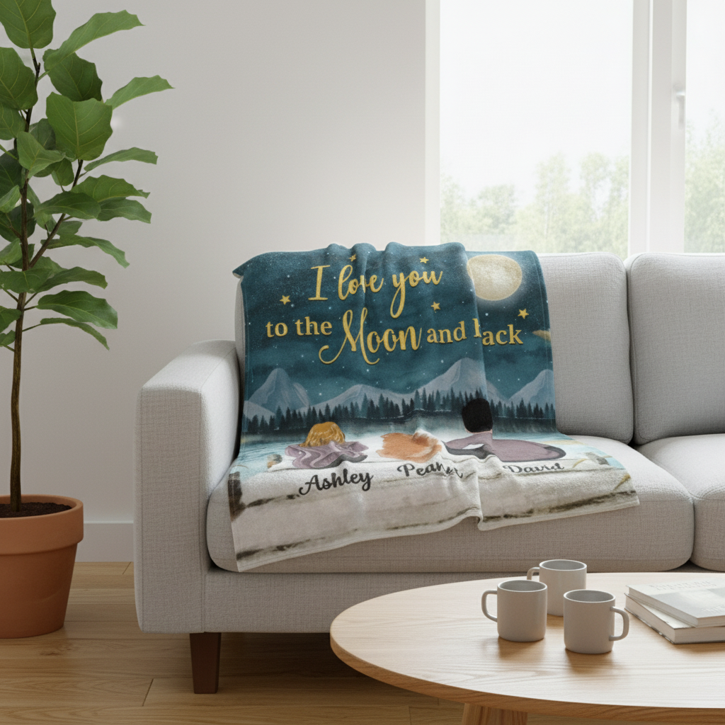 Couple And Dog Under Moonlight Personalized Fleece Blanket - Gift For Couples