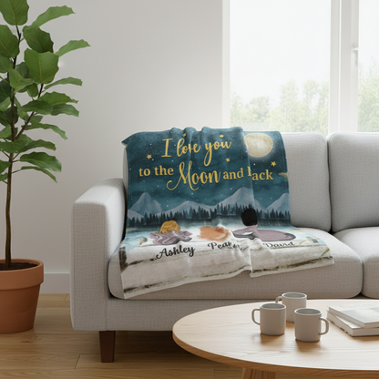 Couple And Dog Under Moonlight Personalized Fleece Blanket - Gift For Couples