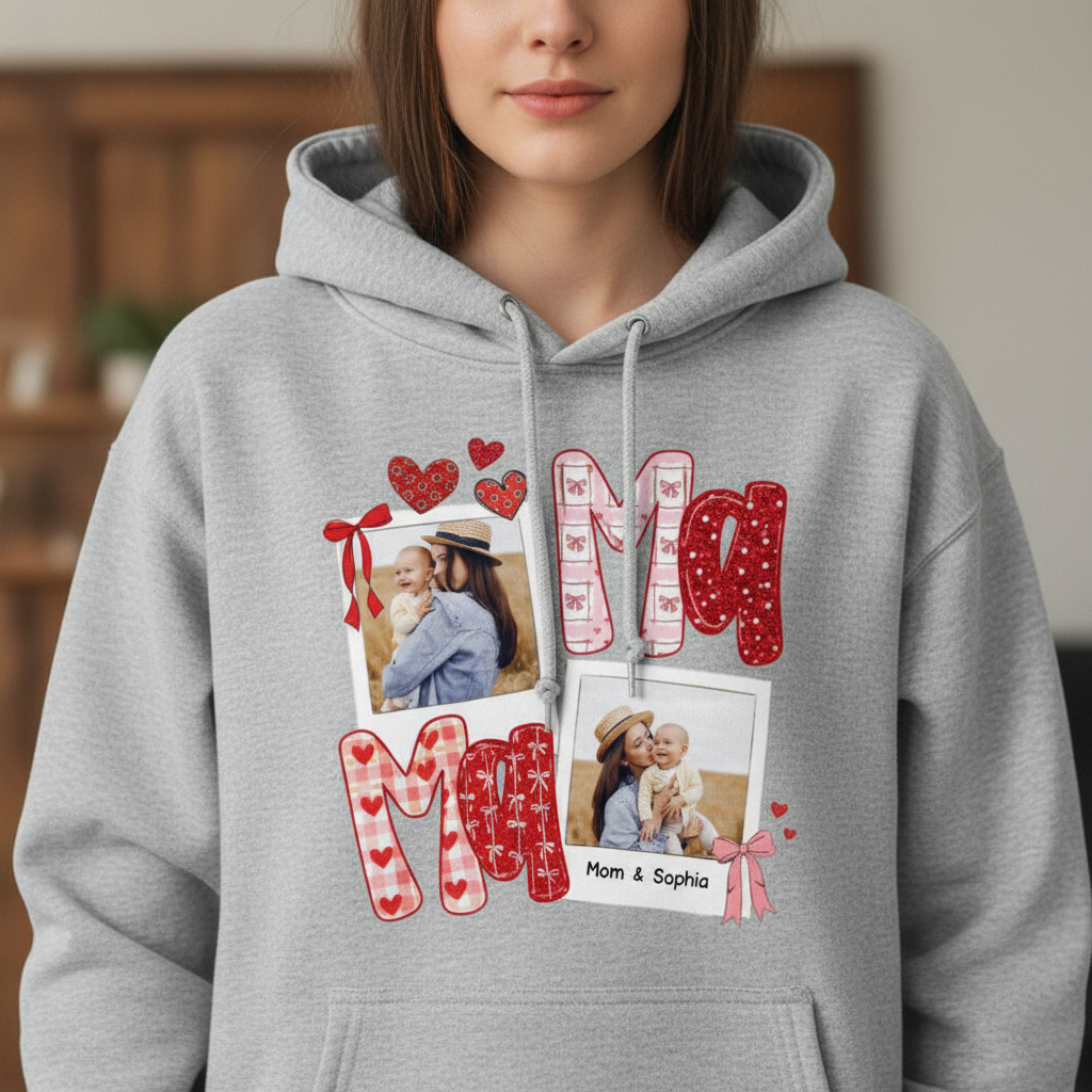 Preppy Mama Valentine Glitter Effect Photo - Personalized Hoodie - Heartfelt Gift for Mom