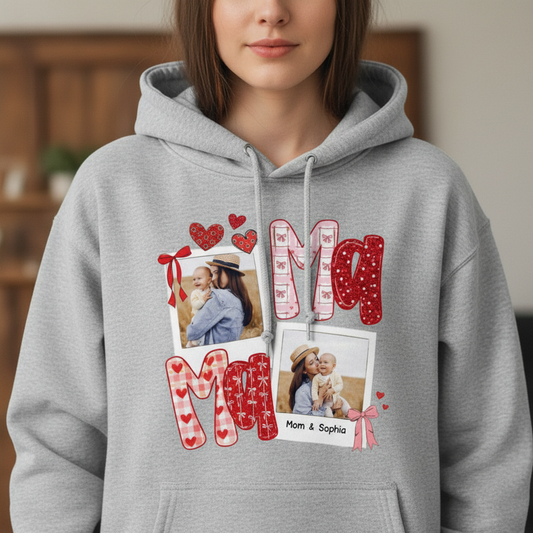 Preppy Mama Valentine Glitter Effect Photo - Personalized Hoodie - Heartfelt Gift for Mom