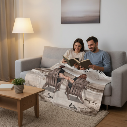 Retro Vintage Back View Couple Sitting Beach Landscape Personalized Fleece Blanket - Romantic Gift For Couples