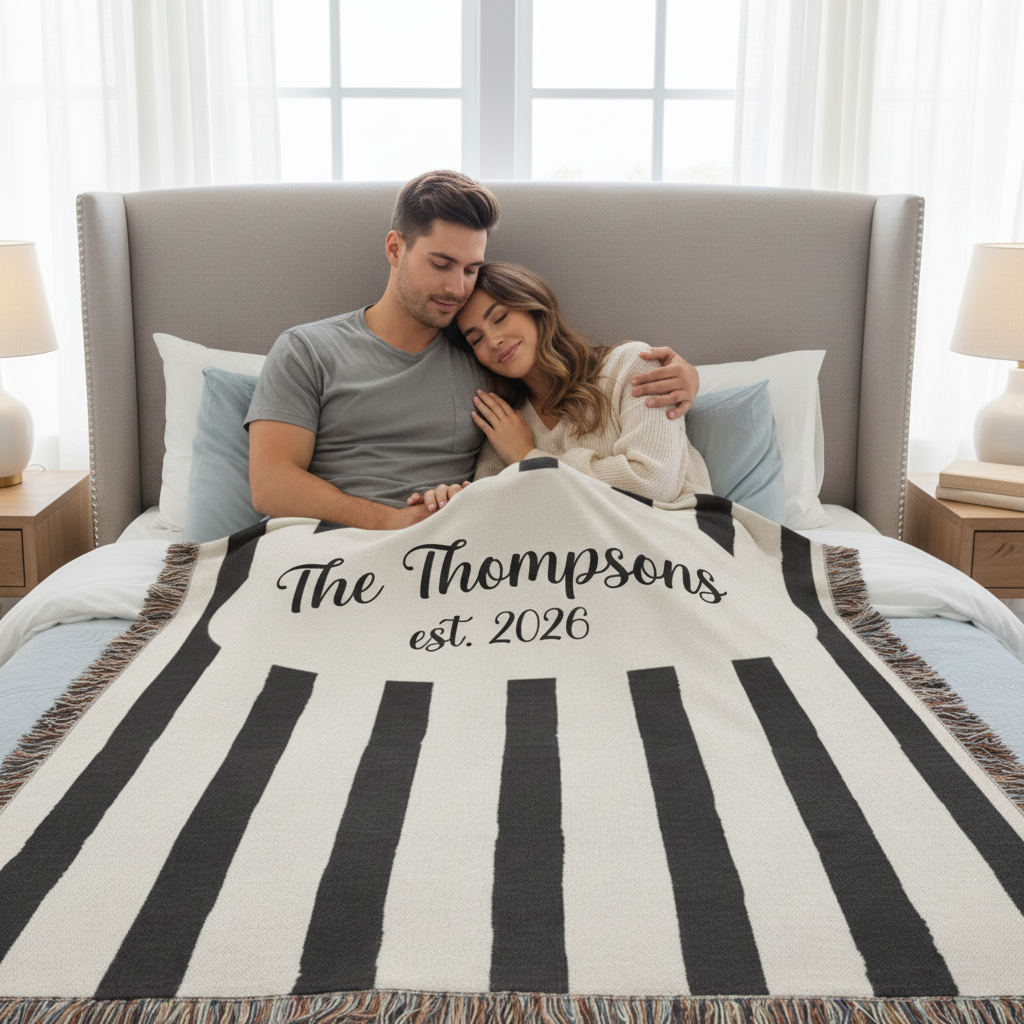 Custom Name And Year Black White Stripes Woven Blanket – Personalized Gift for Couples