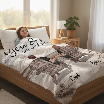 Retro Vintage Back View Couple Sitting Beach Landscape Personalized Fleece Blanket - Romantic Gift For Couples