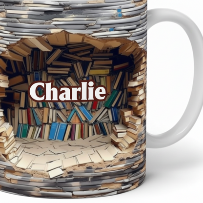 Custom Name 3D Library Shelf Ceramic Mug - Personalized Cool Gifts for Book Lovers