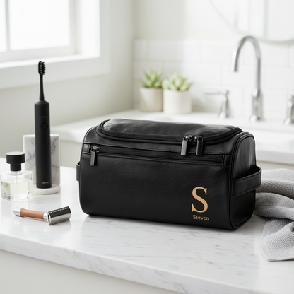 Laser Engraved Personalized Classic Initial Leather Toiletry Bag - Perfect Gift for Dad or Husband