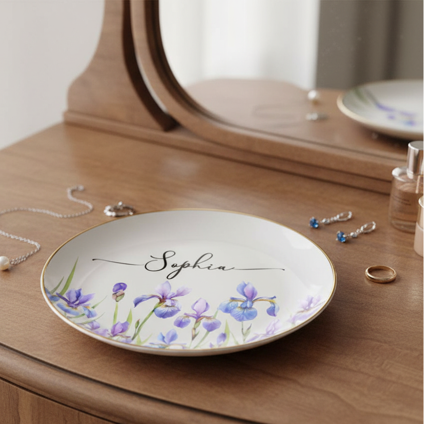 Birth Month Flower Watercolor Blooming In Love - Personalized Round Ring Dish