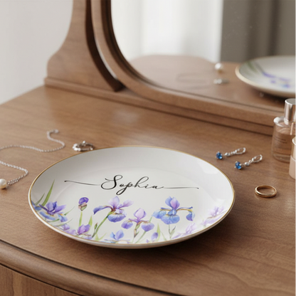 Birth Month Flower Watercolor Blooming In Love - Personalized Round Ring Dish