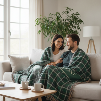 Green Plaid Custom Name & Year Blanket for Couple/Family – Personalized Wedding & Anniversary Gift